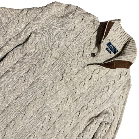 Ralph Lauren Blue Label Cable-Knit Silk-Cashmere Sweater Size M Tan Leather-Trim - Picture 7 of 11